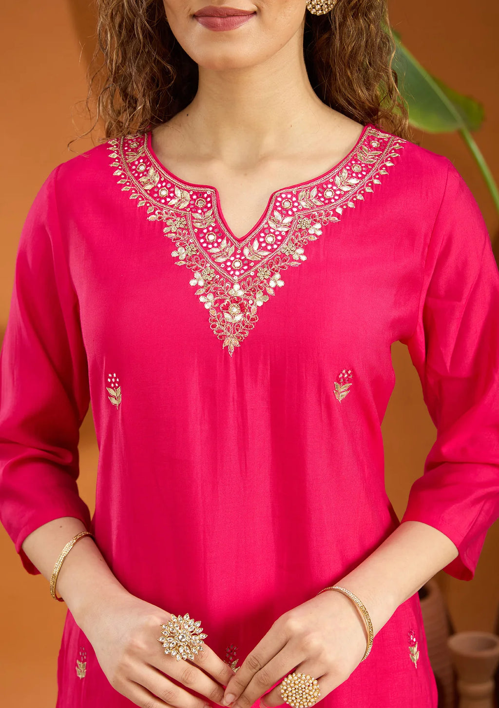 Pink Chanderi Threadwork Straight Kurta With Regular Pant And Dupatta