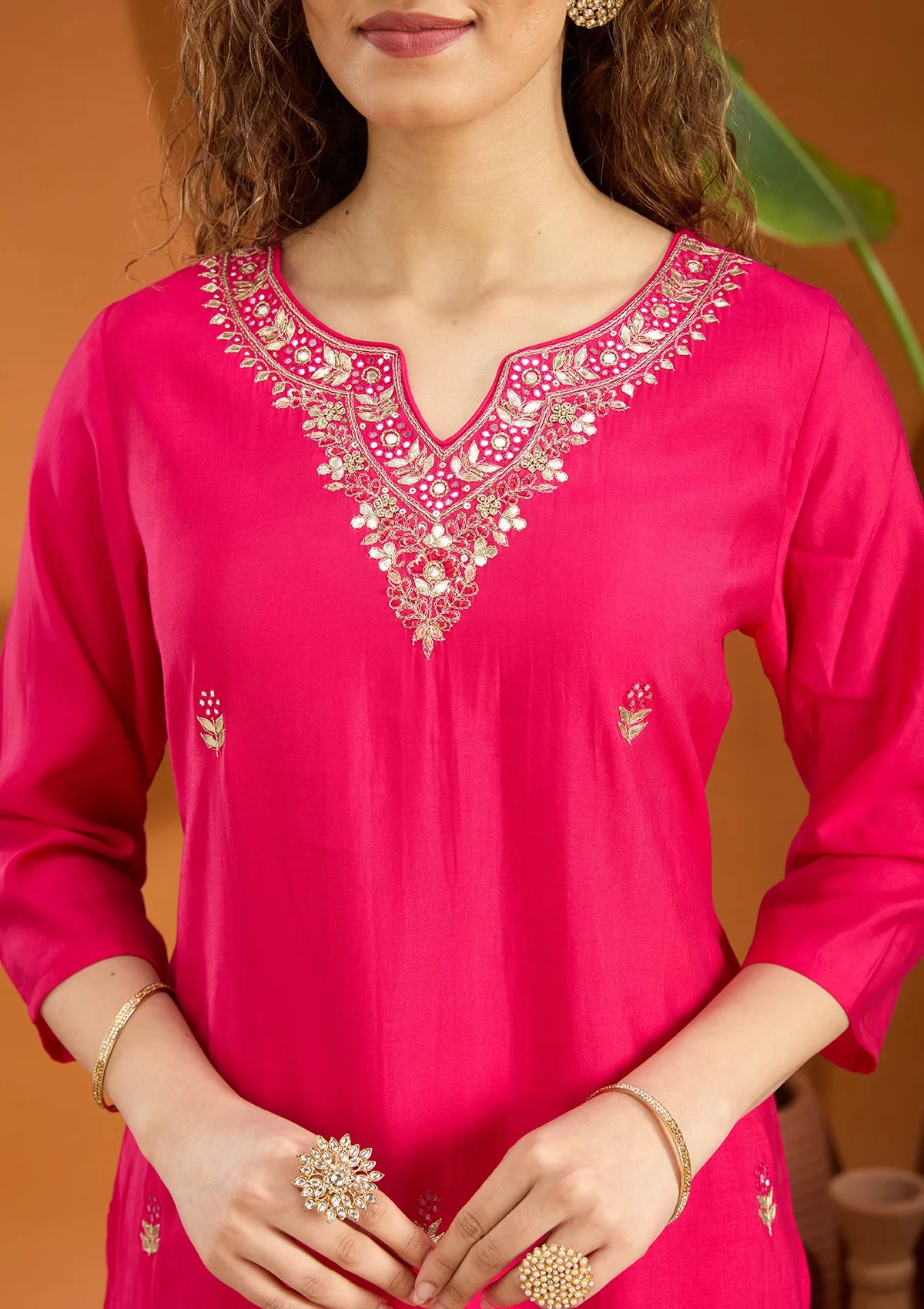 Pink Chanderi Threadwork Straight Kurta With Regular Pant And Dupatta