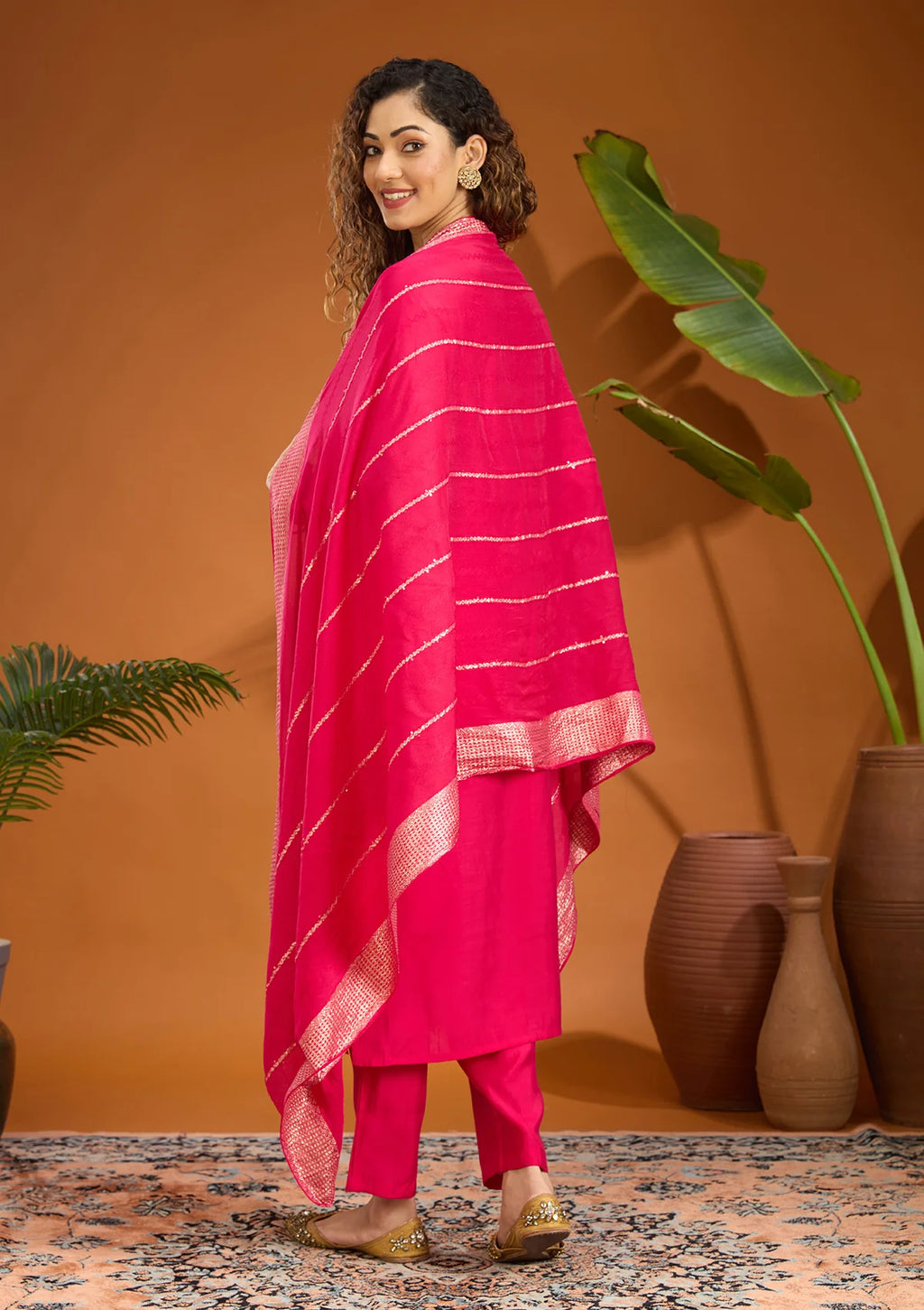 Pink Chanderi Threadwork Straight Kurta With Regular Pant And Dupatta