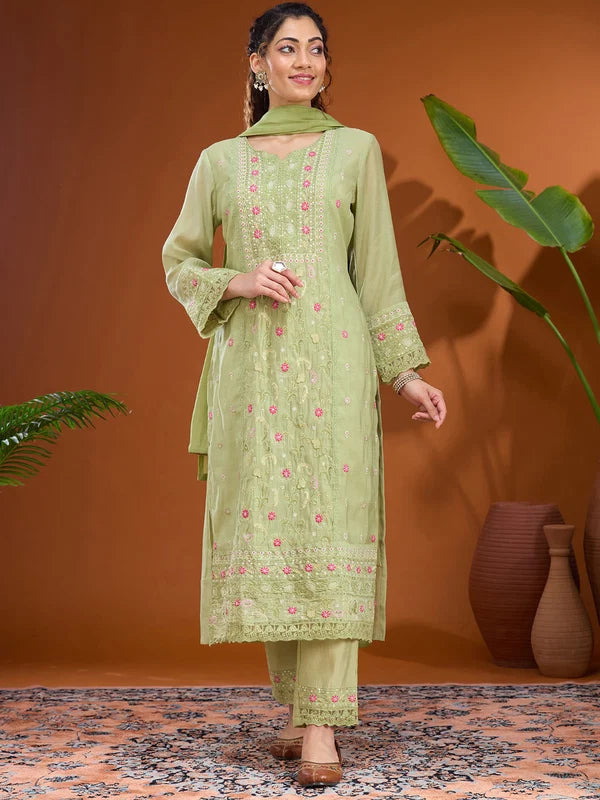 Pista Green Chanderi Threadwork Straight Kurta With Pant Regular And Dupatta