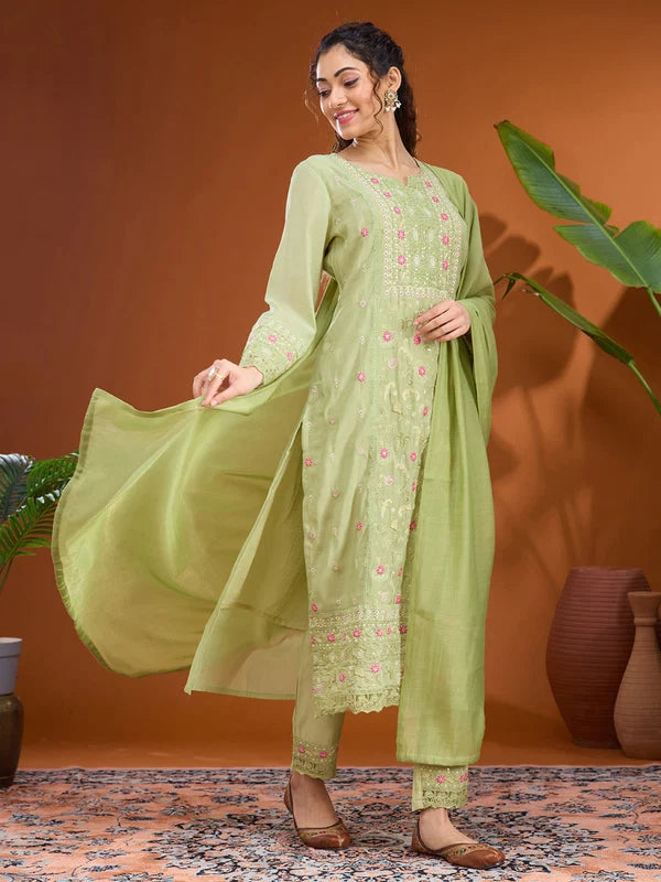 Pista Green Chanderi Threadwork Straight Kurta With Pant Regular And Dupatta