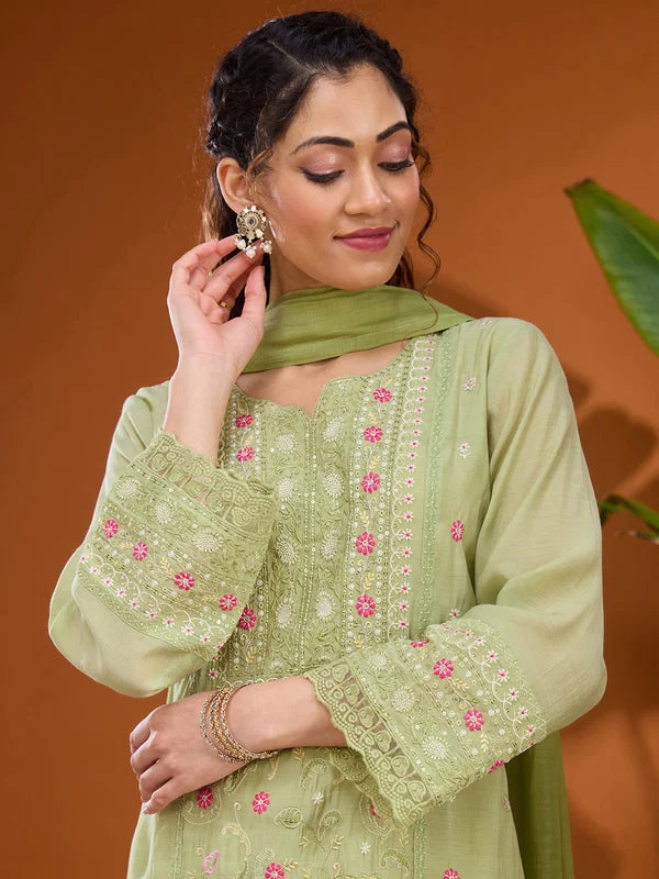 Pista Green Chanderi Threadwork Straight Kurta With Pant Regular And Dupatta