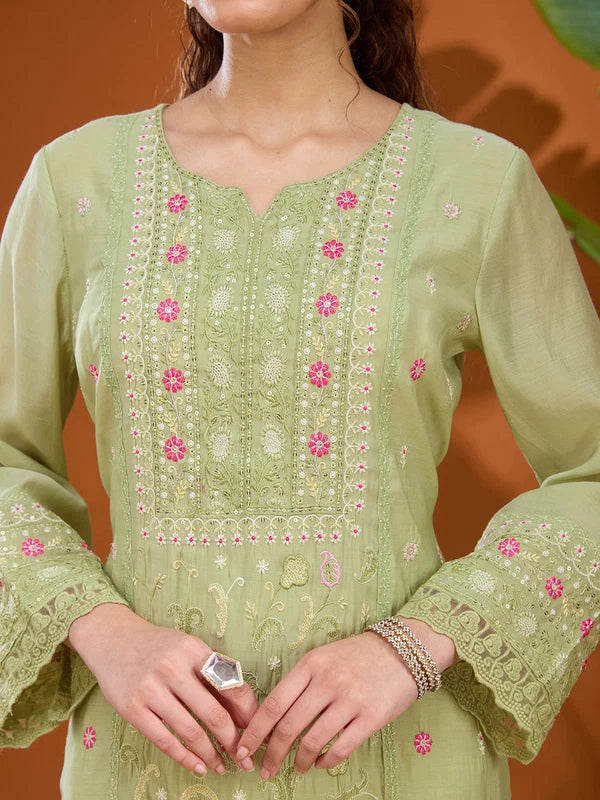 Pista Green Chanderi Threadwork Straight Kurta With Pant Regular And Dupatta