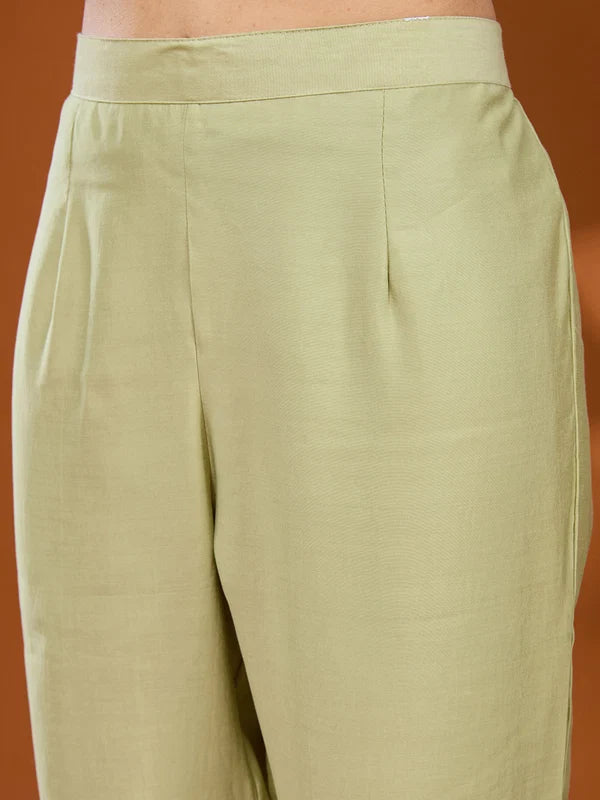 Pista Green Chanderi Threadwork Straight Kurta With Pant Regular And Dupatta