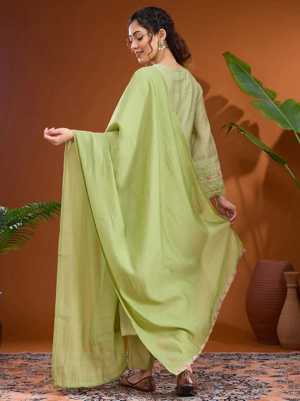 Pista Green Chanderi Threadwork Straight Kurta With Pant Regular And Dupatta