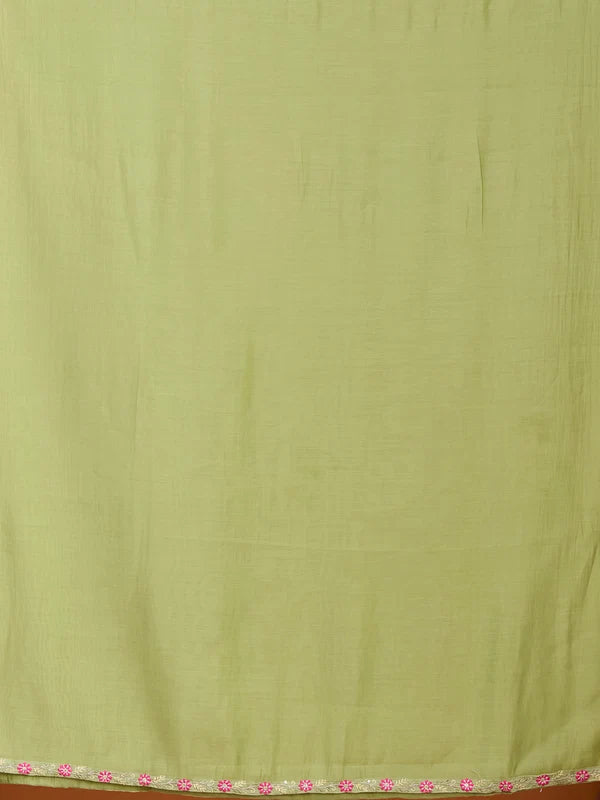 Pista Green Chanderi Threadwork Straight Kurta With Pant Regular And Dupatta
