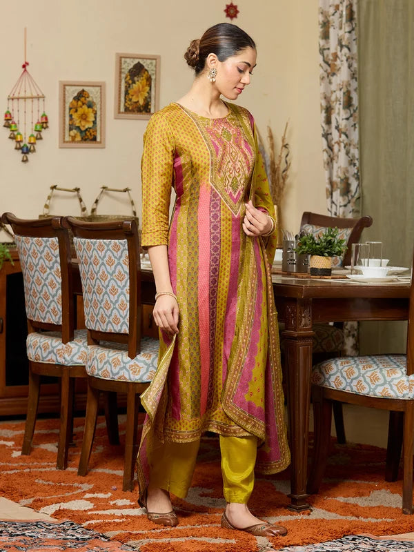 Mehandi Green Multi Satin Abstract Geometric Cutdana Straight Kurta With Regular Pant And Dupatta