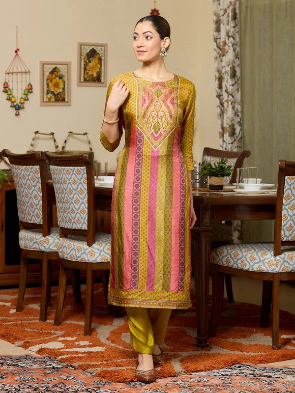 Mehandi Green Multi Satin Abstract Geometric Cutdana Straight Kurta With Regular Pant And Dupatta
