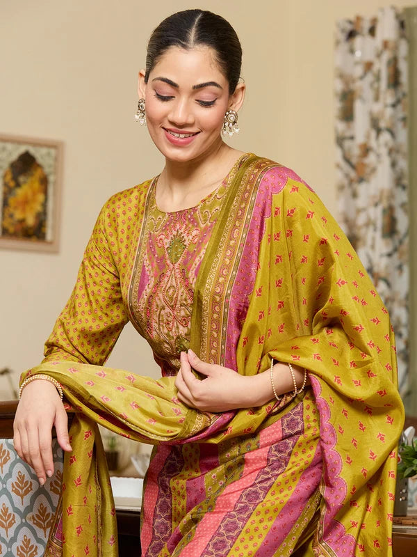 Mehandi Green Multi Satin Abstract Geometric Cutdana Straight Kurta With Regular Pant And Dupatta