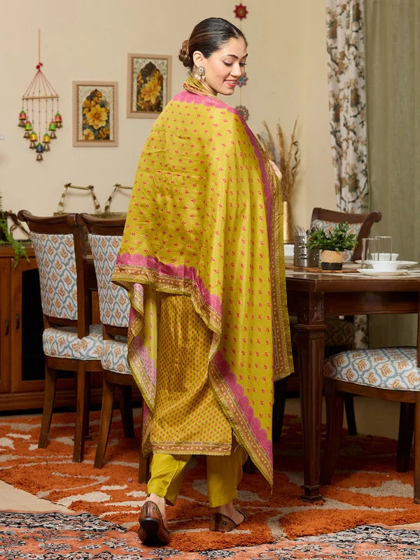 Mehandi Green Multi Satin Abstract Geometric Cutdana Straight Kurta With Regular Pant And Dupatta