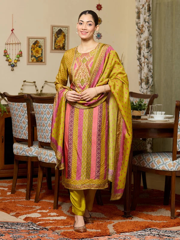 Mehandi Green Multi Satin Abstract Geometric Cutdana Straight Kurta With Regular Pant And Dupatta