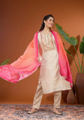 Beige Multi Brocade Threadwork Straight Kurta With Pant Regular And Dupatta