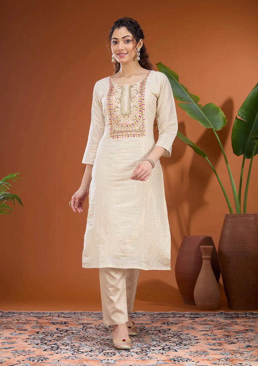 Beige Multi Brocade Threadwork Straight Kurta With Pant Regular And Dupatta