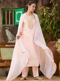Peach Chanderi Cording Straight Kurta With Regular Pant And Dupatta