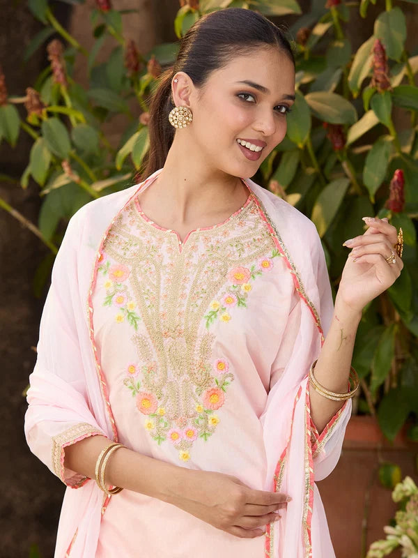 Peach Chanderi Cording Straight Kurta With Regular Pant And Dupatta