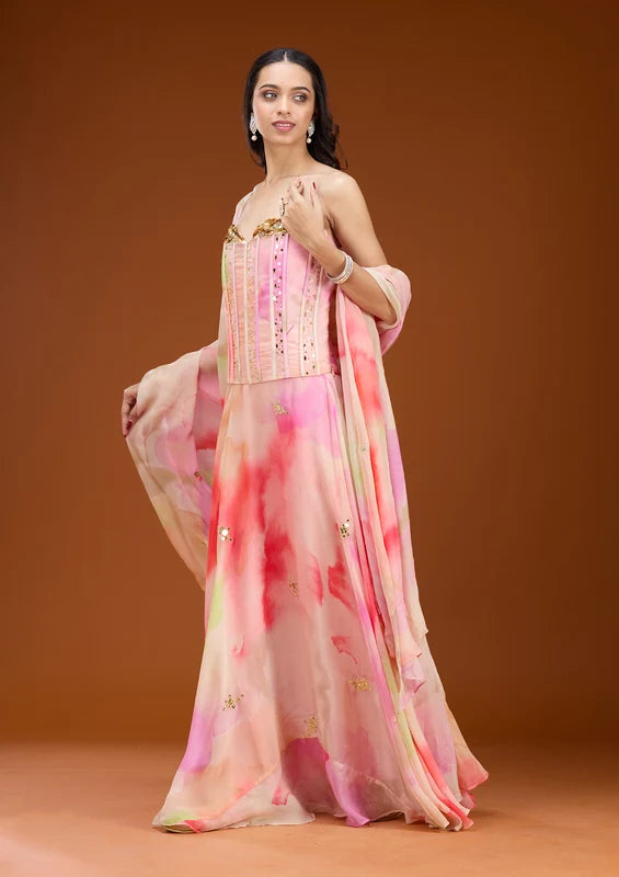 Baby Pink Georgette Abstract Geometric Sequins Straight Kurta With A Line Skirt And Dupatta