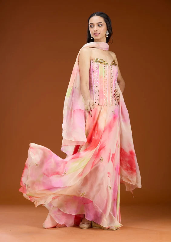 Baby Pink Georgette Abstract Geometric Sequins Straight Kurta With A Line Skirt And Dupatta