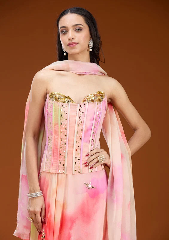 Baby Pink Georgette Abstract Geometric Sequins Straight Kurta With A Line Skirt And Dupatta