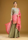 Sea Green Pink Soft Raw Silk Bandhej Gold Zariwork Straight Kurta With Sharara And Dupatta