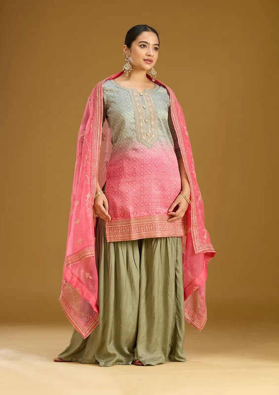 Sea Green Pink Soft Raw Silk Bandhej Gold Zariwork Straight Kurta With Sharara And Dupatta