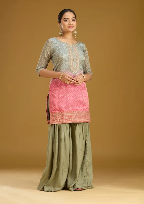 Sea Green Pink Soft Raw Silk Bandhej Gold Zariwork Straight Kurta With Sharara And Dupatta