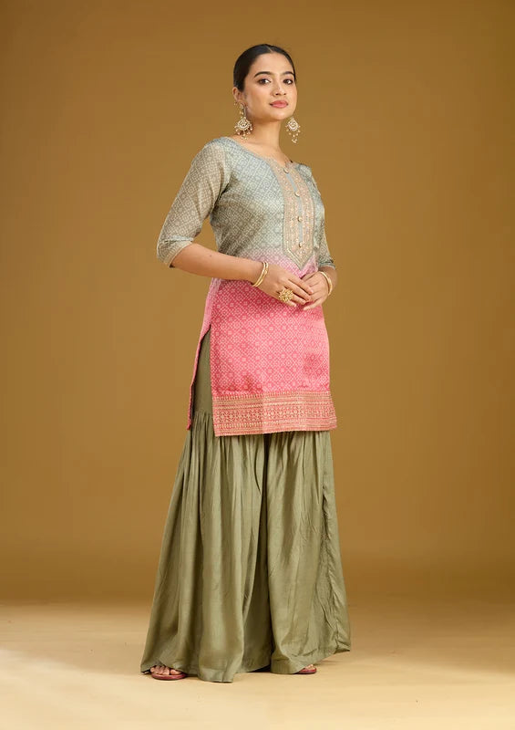 Sea Green Pink Soft Raw Silk Bandhej Gold Zariwork Straight Kurta With Sharara And Dupatta