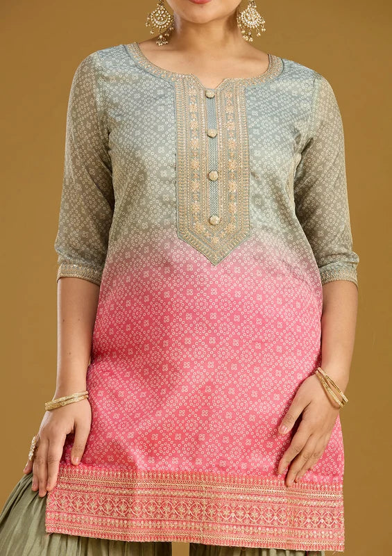Sea Green Pink Soft Raw Silk Bandhej Gold Zariwork Straight Kurta With Sharara And Dupatta