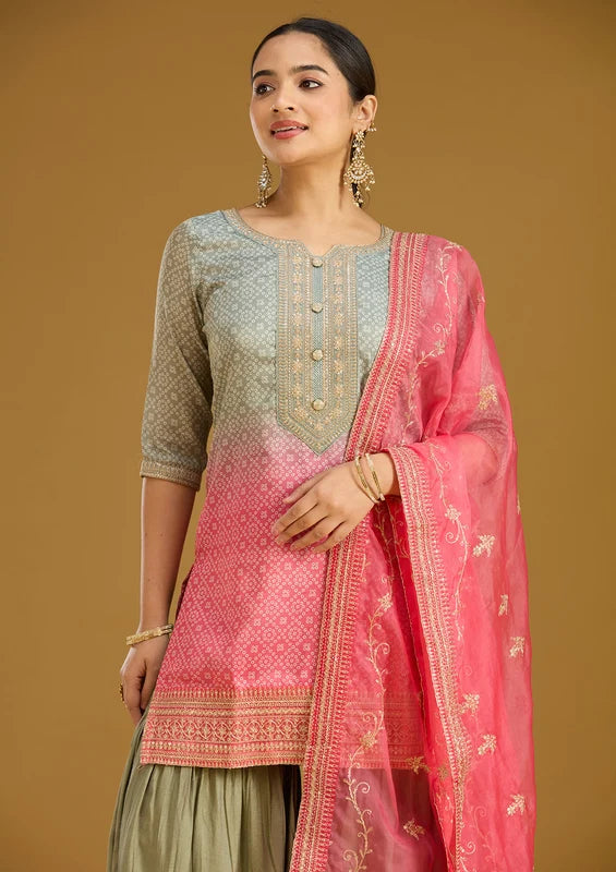 Sea Green Pink Soft Raw Silk Bandhej Gold Zariwork Straight Kurta With Sharara And Dupatta