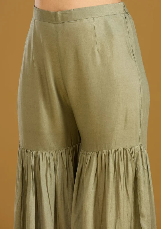Sea Green Pink Soft Raw Silk Bandhej Gold Zariwork Straight Kurta With Sharara And Dupatta