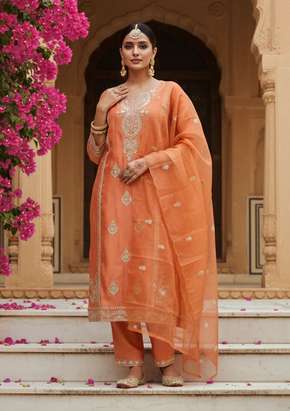 Rust Art Silk Cording Straight Kurta With Pant Regular And Dupatta