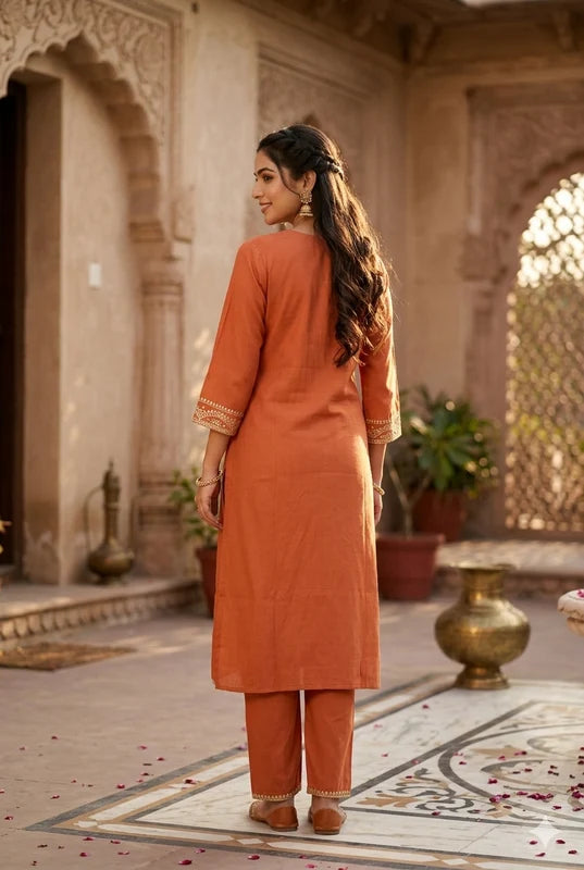 Rust Art Silk Cording Straight Kurta With Pant Regular And Dupatta