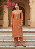 Rust Art Silk Cording Straight Kurta With Pant Regular And Dupatta