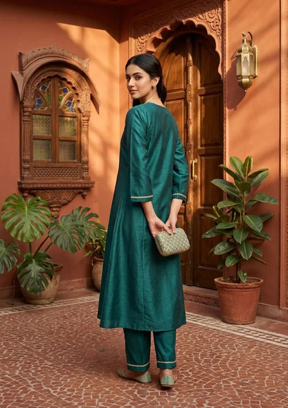 Bottle Green Art Silk Cording A Line Kurta With Pant Regular And Dupatta
