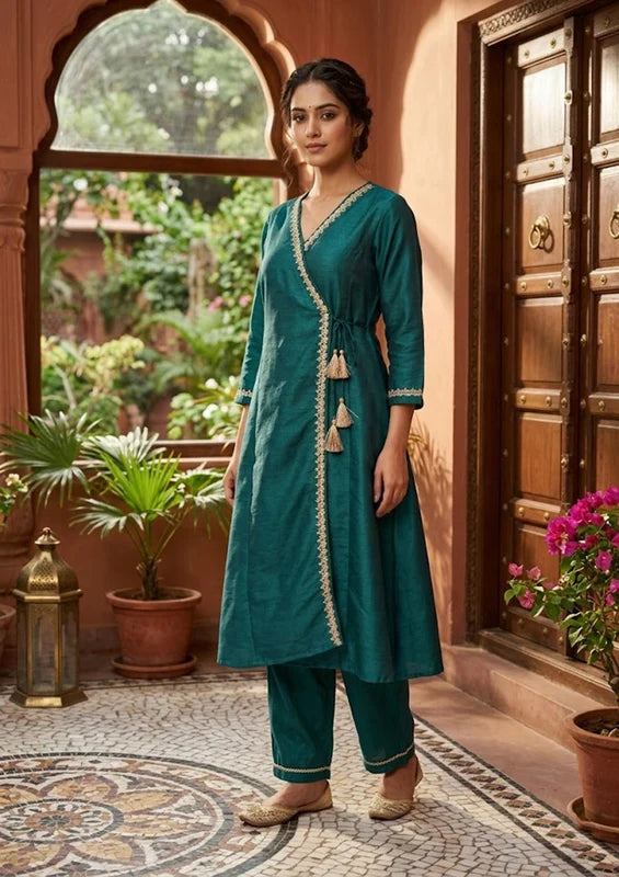 Bottle Green Art Silk Cording A Line Kurta With Pant Regular And Dupatta
