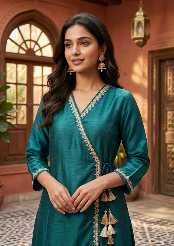Bottle Green Art Silk Cording A Line Kurta With Pant Regular And Dupatta