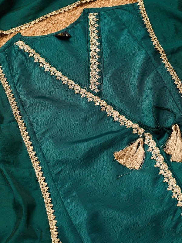 Bottle Green Art Silk Cording A Line Kurta With Pant Regular And Dupatta