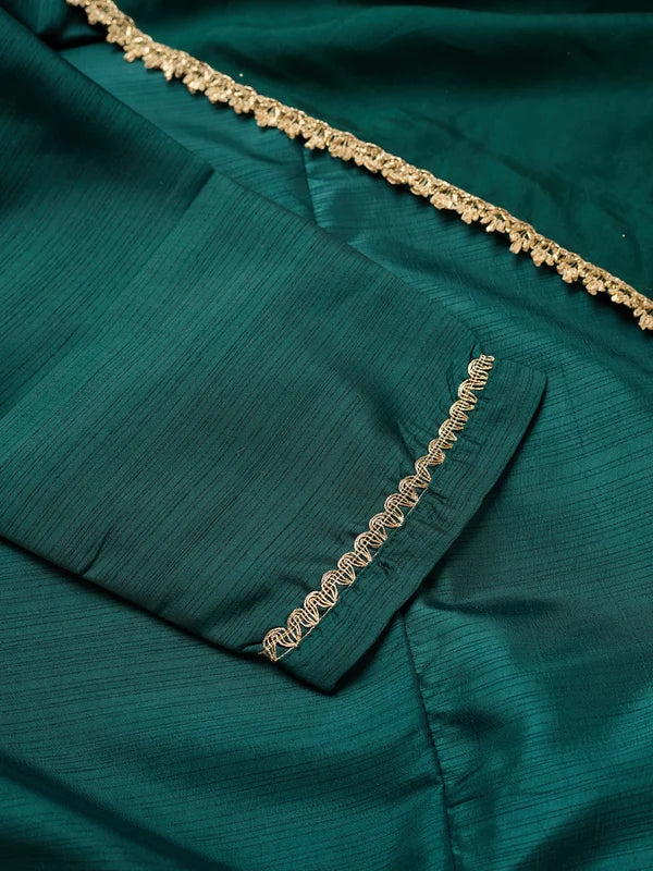 Bottle Green Art Silk Cording A Line Kurta With Pant Regular And Dupatta