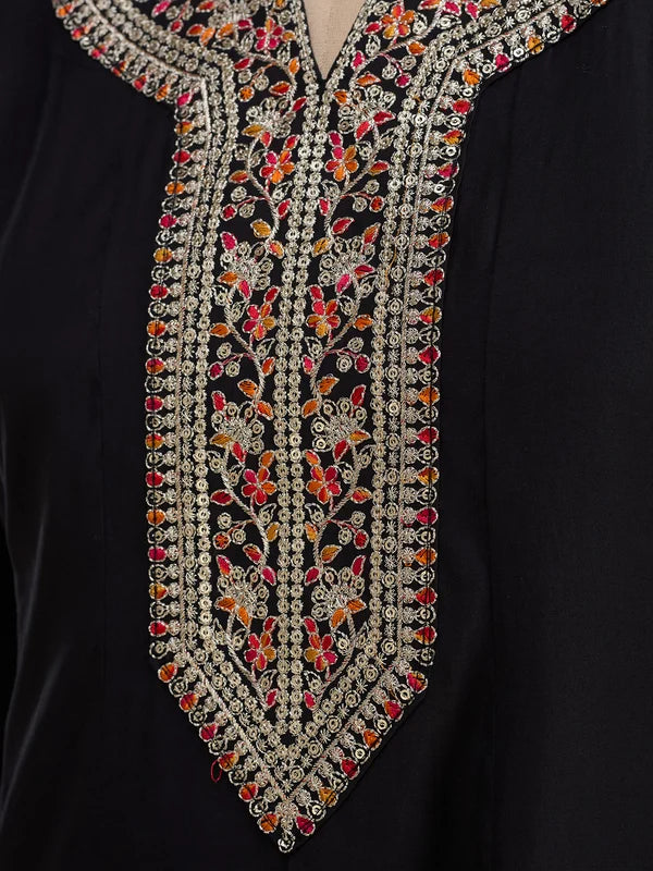 Black Soft Raw Silk Silver Zariwork Anarkali Kurta With Pant Regular And Dupatta