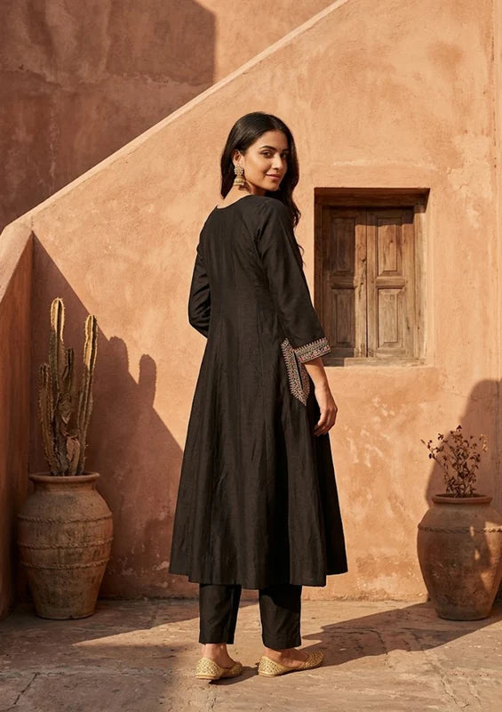 Black Soft Raw Silk Silver Zariwork Anarkali Kurta With Pant Regular And Dupatta