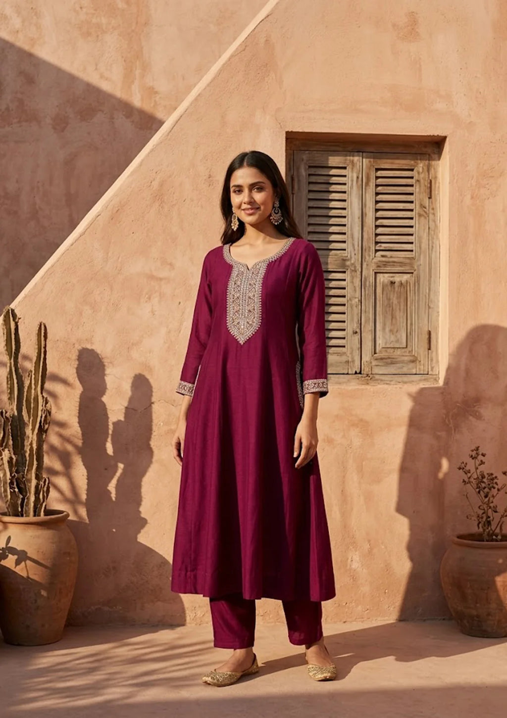 Wine Soft Raw Silk Gold Zariwork Anarkali Kurta With Pant Regular And Dupatta