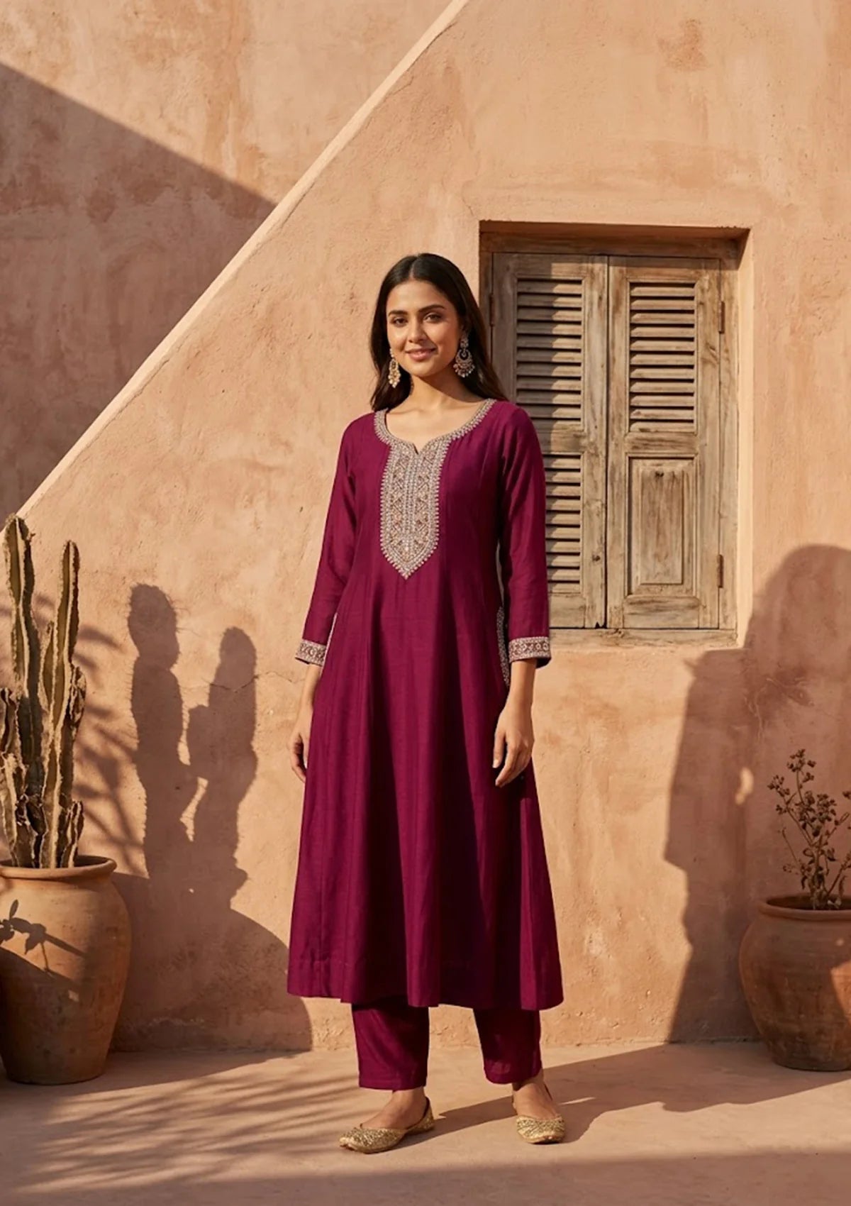 Wine Soft Raw Silk Gold Zariwork Anarkali Kurta With Pant Regular And Dupatta