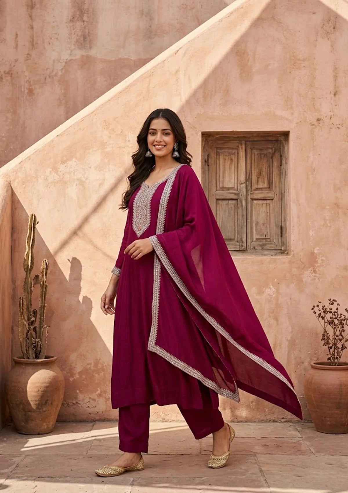Wine Soft Raw Silk Gold Zariwork Anarkali Kurta With Pant Regular And Dupatta