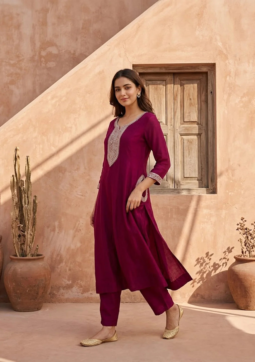 Wine Soft Raw Silk Gold Zariwork Anarkali Kurta With Pant Regular And Dupatta