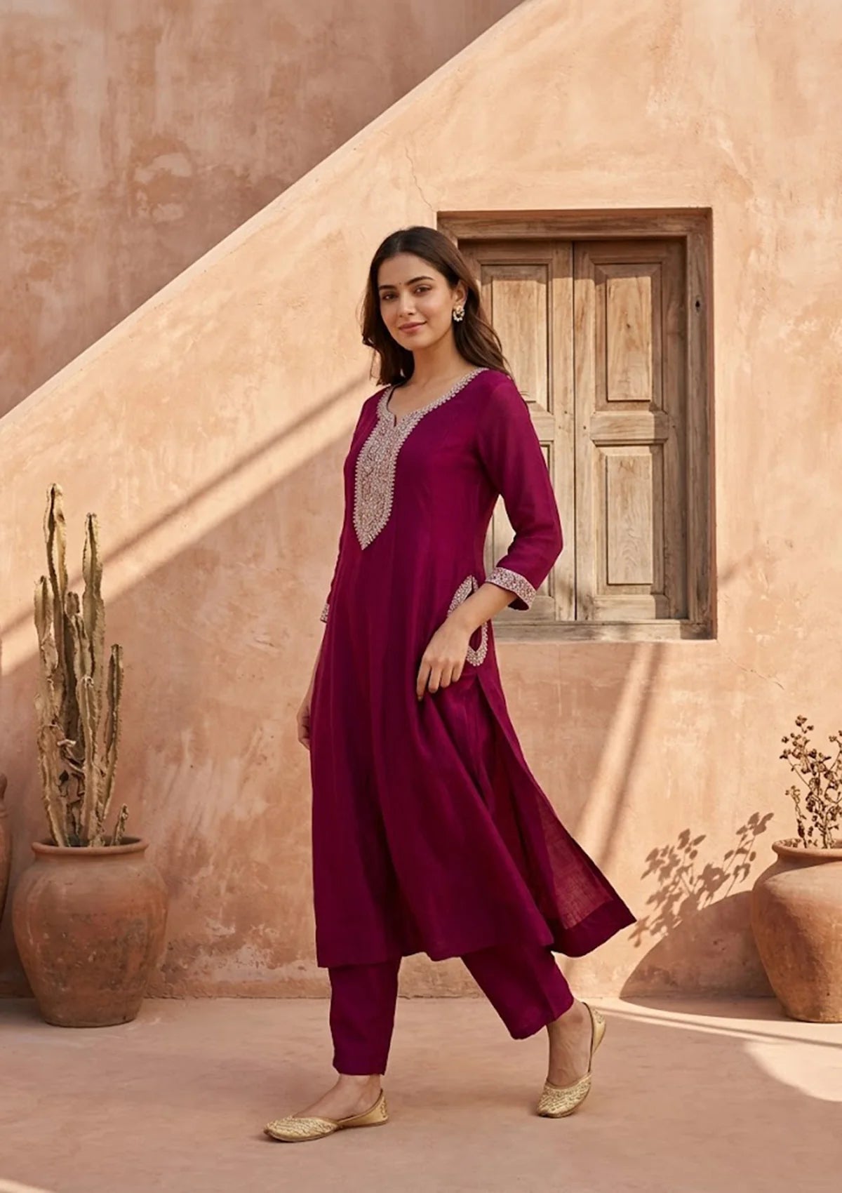 Wine Soft Raw Silk Gold Zariwork Anarkali Kurta With Pant Regular And Dupatta