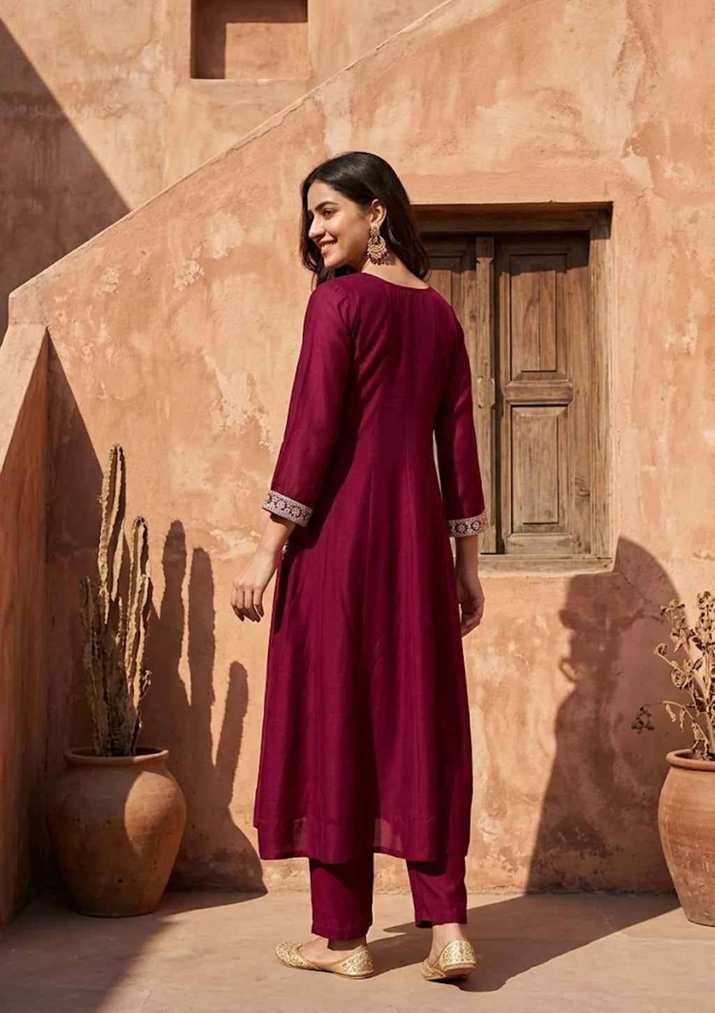 Wine Soft Raw Silk Gold Zariwork Anarkali Kurta With Pant Regular And Dupatta