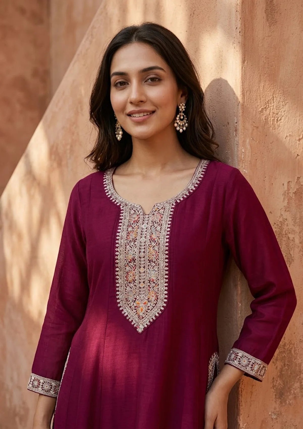 Wine Soft Raw Silk Gold Zariwork Anarkali Kurta With Pant Regular And Dupatta