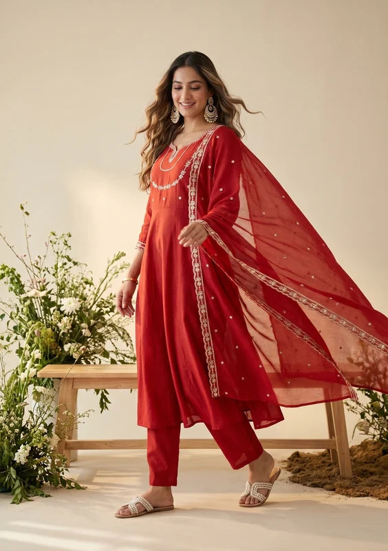Rust Zariwork (Gold) Soft Raw Silk Readymade Salwar Suit