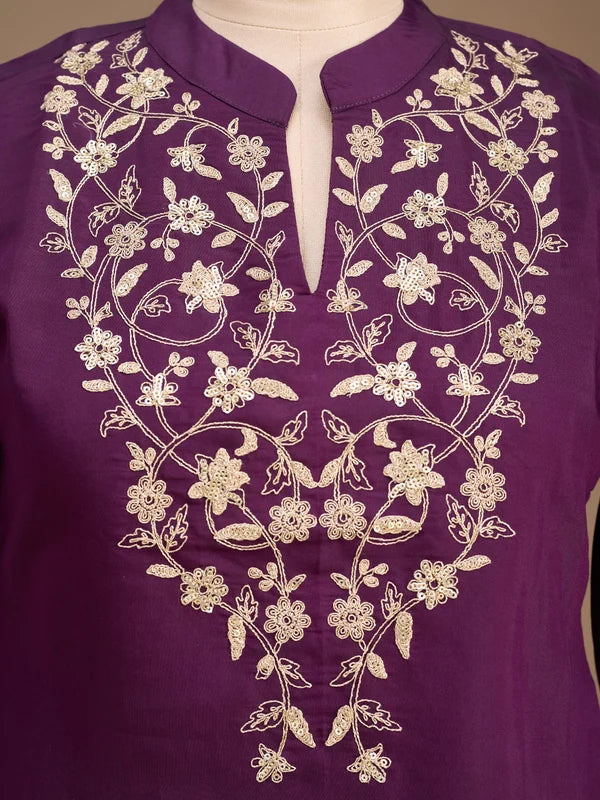 Purple Art Silk Cording Straight Kurta With Pant Regular And Dupatta