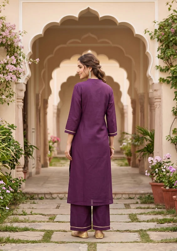 Purple Art Silk Cording Straight Kurta With Pant Regular And Dupatta