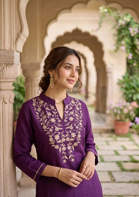 Purple Art Silk Cording Straight Kurta With Pant Regular And Dupatta